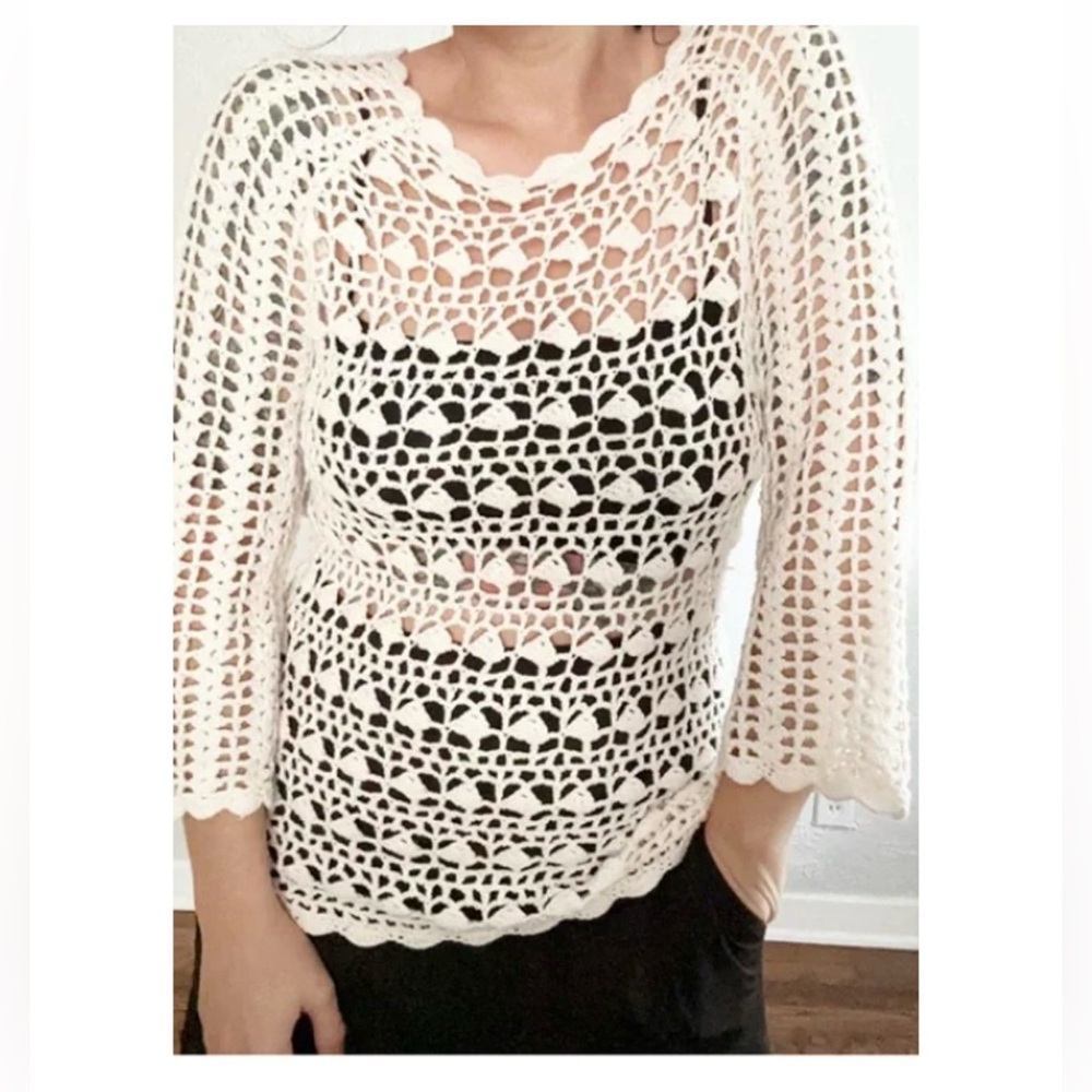 Westport Ivory Stunning Crochet Knit 3/4 Sleeve Layering Top Swim Coverup Sz L